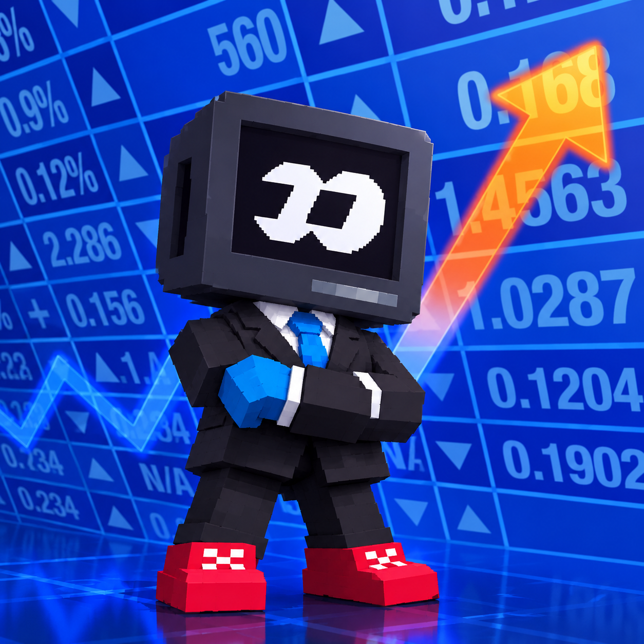 Black FOMOGENT agent with blue gloves and red sneakers in front of rising charts